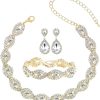 Gold Plated White Crystal Necklace Bracelet Earrings