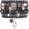 Mix Bead Wood Charm Stretch Bracelet Set - Black