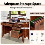DCOT Computer Desk PC Laptop Writing Desk Workstation Antique Brown Desk with Drawers and Shelves - Image 6