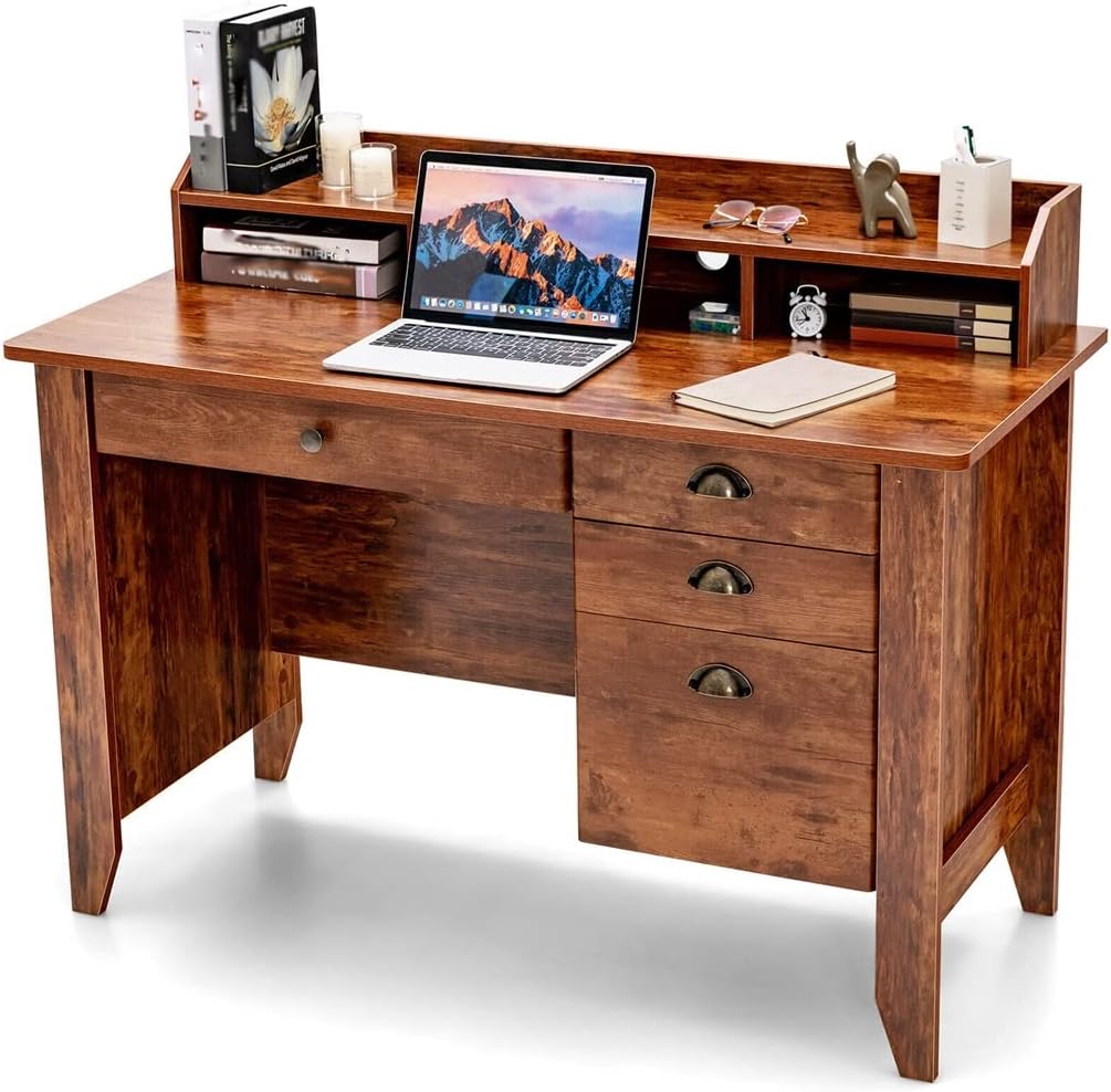 251029145204172_1 BHVXW Computer Desk PC Laptop Writing Desk Workstation Antique Brown Desk with Drawers and Shelves - Image 1