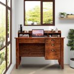 BHVXW Computer Desk PC Laptop Writing Desk Workstation Antique Brown Desk with Drawers and Shelves - Image 2