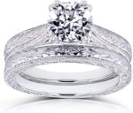 Kobelli Diamond Antique Style Engravings Bridal Set 1 CTW in 14k White Gold