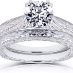 Kobelli Diamond Antique Style Engravings Bridal Set 1 CTW in 14k White Gold
