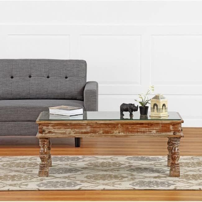 251228015016159_1 Emboss Antique Brass Work Solid Wood Window Panel Coffee Table Whitewash Coffee Table Indian Wooden Hand Carved Coffee Table Opel Coffee Table - Image 1