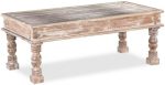 Emboss Antique Brass Work Solid Wood Window Panel Coffee Table Whitewash Coffee Table Indian Wooden Hand Carved Coffee Table Opel Coffee Table - Image 2