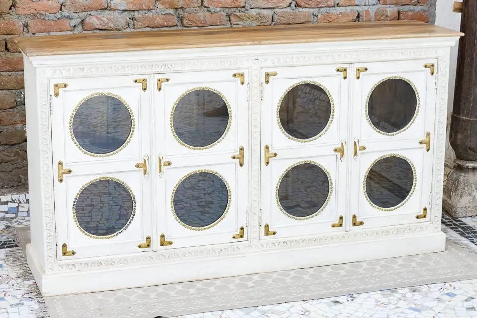 251228015016370_1 Antique Indian Brass Work Hand Carved Solid Wooden Sideboard Whitewash Mango Wood Indian Arched Sideboard Cabinet Storage Units Indian Solid Wood Finish,Living Room Bedroom Furniture,Modern Sideboard - Image 1