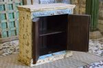 Antique Indian Brass Work Hand Carved Solid Wooden Cabinet Whitewash/Blue, Cabinet Storage Units Indian Solid Wood,Living Room Bedroom Furniture,Modern Cabinet - Image 3