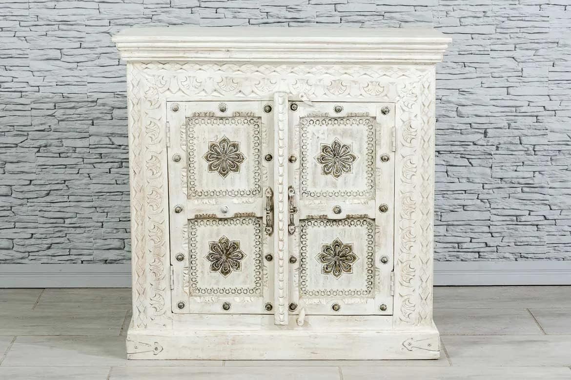 260105035559178_1 Antique Indian Brass Work Hand Carved Solid Wooden Sideboard White Mango Wood Indian Arched Sideboard Cabinet Storage Units Indian Solid Wood,Living Room Bedroom Furniture,Modern Sideboard - Image 1