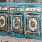 Antique Indian Brass Work Hand Carved Solid Wooden Sideboard Bluewash Mango Wood Indian Arched Sideboard Cabinet Storage Units Indian Solid Wood Finish,Living Room Bedroom Furniture,Modern Sideboard