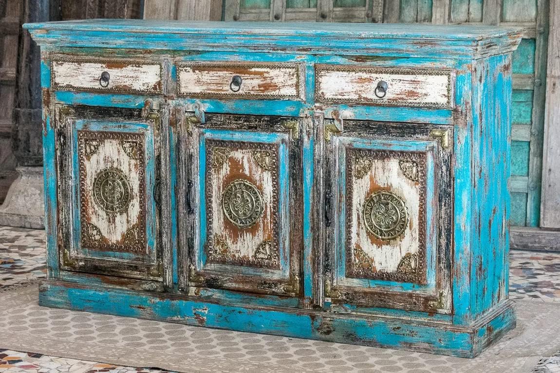 260105035559194_1 Antique Indian Brass Work Hand Carved Solid Wooden Sideboard Bluewash Mango Wood Indian Arched Sideboard Cabinet Storage Units Indian Solid Wood Finish,Living Room Bedroom Furniture,Modern Sideboard - Image 1