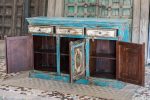 Antique Indian Brass Work Hand Carved Solid Wooden Sideboard Bluewash Mango Wood Indian Arched Sideboard Cabinet Storage Units Indian Solid Wood Finish,Living Room Bedroom Furniture,Modern Sideboard - Image 2