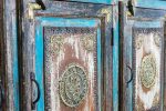 Antique Indian Brass Work Hand Carved Solid Wooden Sideboard Bluewash Mango Wood Indian Arched Sideboard Cabinet Storage Units Indian Solid Wood Finish,Living Room Bedroom Furniture,Modern Sideboard - Image 3
