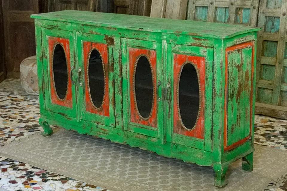 260105035559201_1 Antique Indian Brass Work Hand Carved Solid Wooden Sideboard Greenwash Mango Wood Indian Arched Sideboard Cabinet Storage Units Indian Solid Wood Finish,Living Room Bedroom Furniture,Modern Sideboard - Image 1