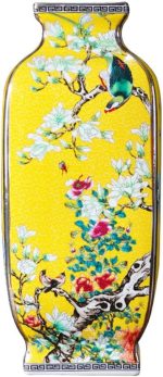 HOUKAI Antique Chinese Style Large Yellow Ceramic Flower Vase Four Sides Pattern Classical Porcelain Vase