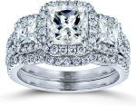Kobelli Princess Moissanite Halo 3-Stone Bridal Rings Set 3 1/10 CTW 14k White Gold