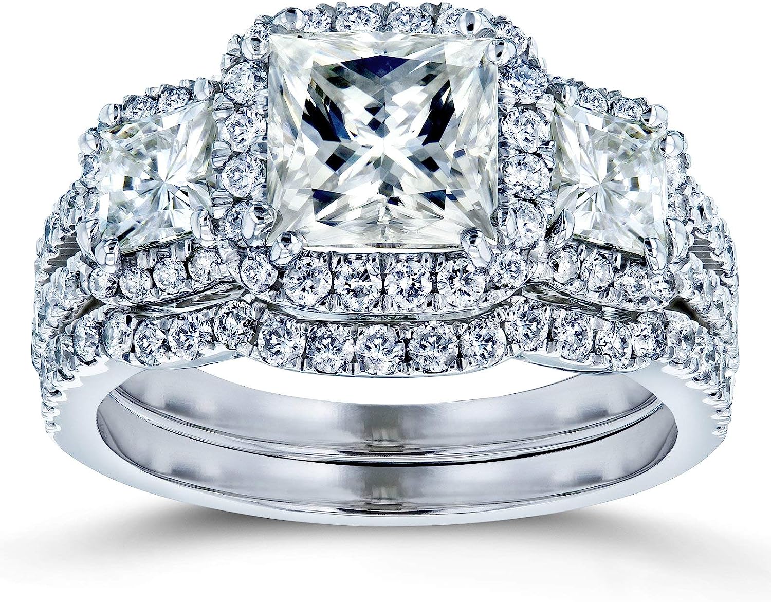 260107124532651_1 Kobelli Princess Moissanite Halo 3-Stone Bridal Rings Set 3 1/10 CTW 14k White Gold - Image 1