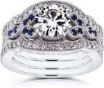 Kobelli Antique Style Forever One (D-F) Moissanite and Blue Sapphire 3 Piece Bridal Set 1 2/5 CTW in 14k White Gold