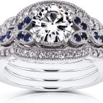 Kobelli Antique Style Forever One (D-F) Moissanite and Blue Sapphire 3 Piece Bridal Set 1 2/5 CTW in 14k White Gold