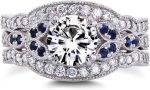 Kobelli Antique Style Forever One (D-F) Moissanite and Blue Sapphire 3 Piece Bridal Set 1 2/5 CTW in 14k White Gold - Image 2