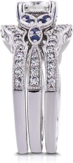 Kobelli Antique Style Forever One (D-F) Moissanite and Blue Sapphire 3 Piece Bridal Set 1 2/5 CTW in 14k White Gold - Image 5