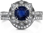 Kobelli Antique Style Floral Round Sapphire and Diamond Bridal Set 1 3/4 CTW in 14k White Gold - Image 2
