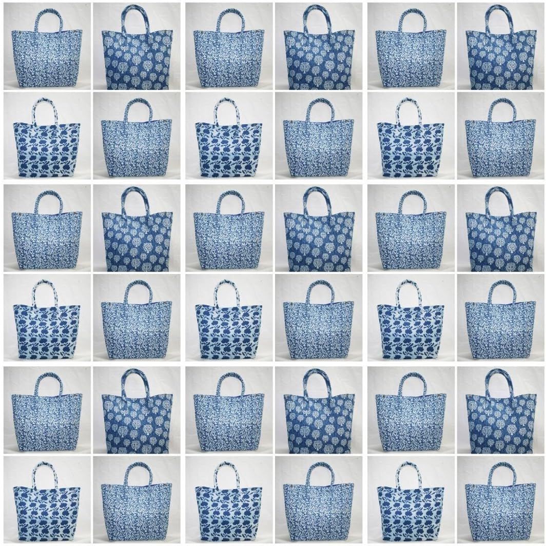 251029130236183_1 thehandicraftworld 100 PC Wholesale Lot New Hand Made Blue Block Print Hand Tote Bag Shoulder Bag Shopping Bag - Image 1