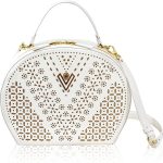 Valentino Orlandi Women's Large Handbag Italian Designer Purse Bowling Bag Top Handle Alabaster Embroidered Genuine Patent Leather Bag in Laser Cut Gold Design