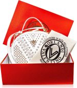 Valentino Orlandi Women's Large Handbag Italian Designer Purse Bowling Bag Top Handle Alabaster Embroidered Genuine Patent Leather Bag in Laser Cut Gold Design - Image 4