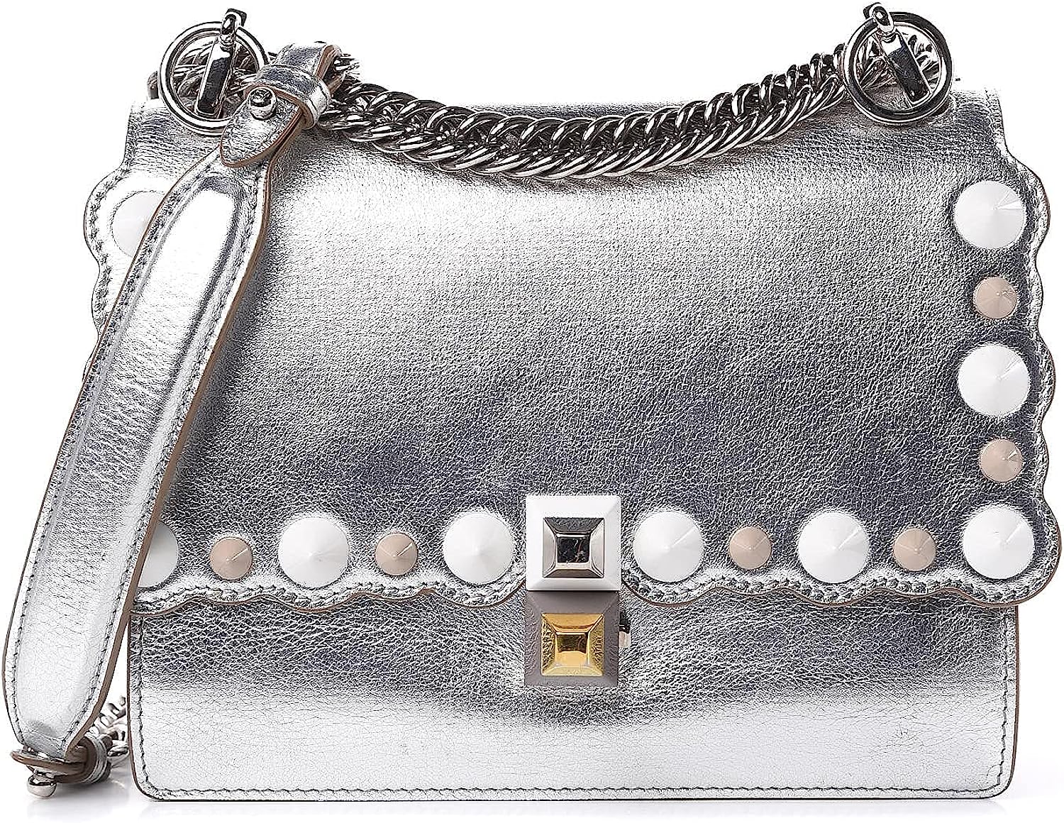 251228015843998_1 Fendi Kan I Metallic Silver Calfskin Scalloped Studded Small Shoulder Bag 8M0381 - Image 1