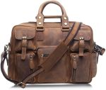 DLOETT Large Men's Crazy Horse Leather Tote Bag Several Pockets Bag Men's Shoulder Bag