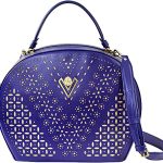 Valentino Orlandi Women's Large Handbag Italian Designer Purse Bowling Bag Top Handle Tanzanite Embroidered Genuine Leather Purse in Laser Cut Gold Design