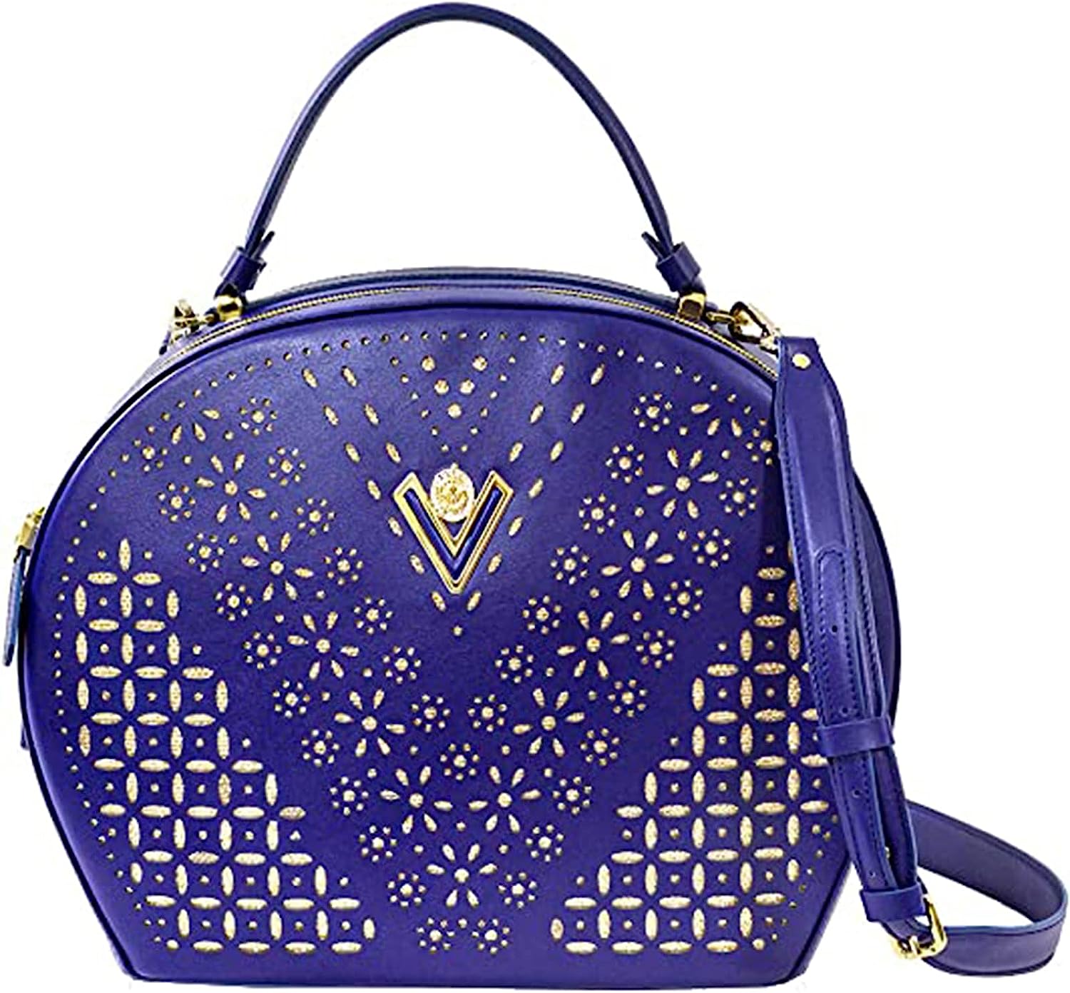 260106101935436_1 Valentino Orlandi Women's Large Handbag Italian Designer Purse Bowling Bag Top Handle Tanzanite Embroidered Genuine Leather Purse in Laser Cut Gold Design - Image 1