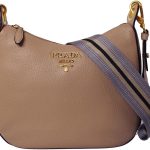 Prada Vitello Daino Tan Leather Shoulder Handbag with Silver and Blue Nylon Web Striped Strap 1BC052