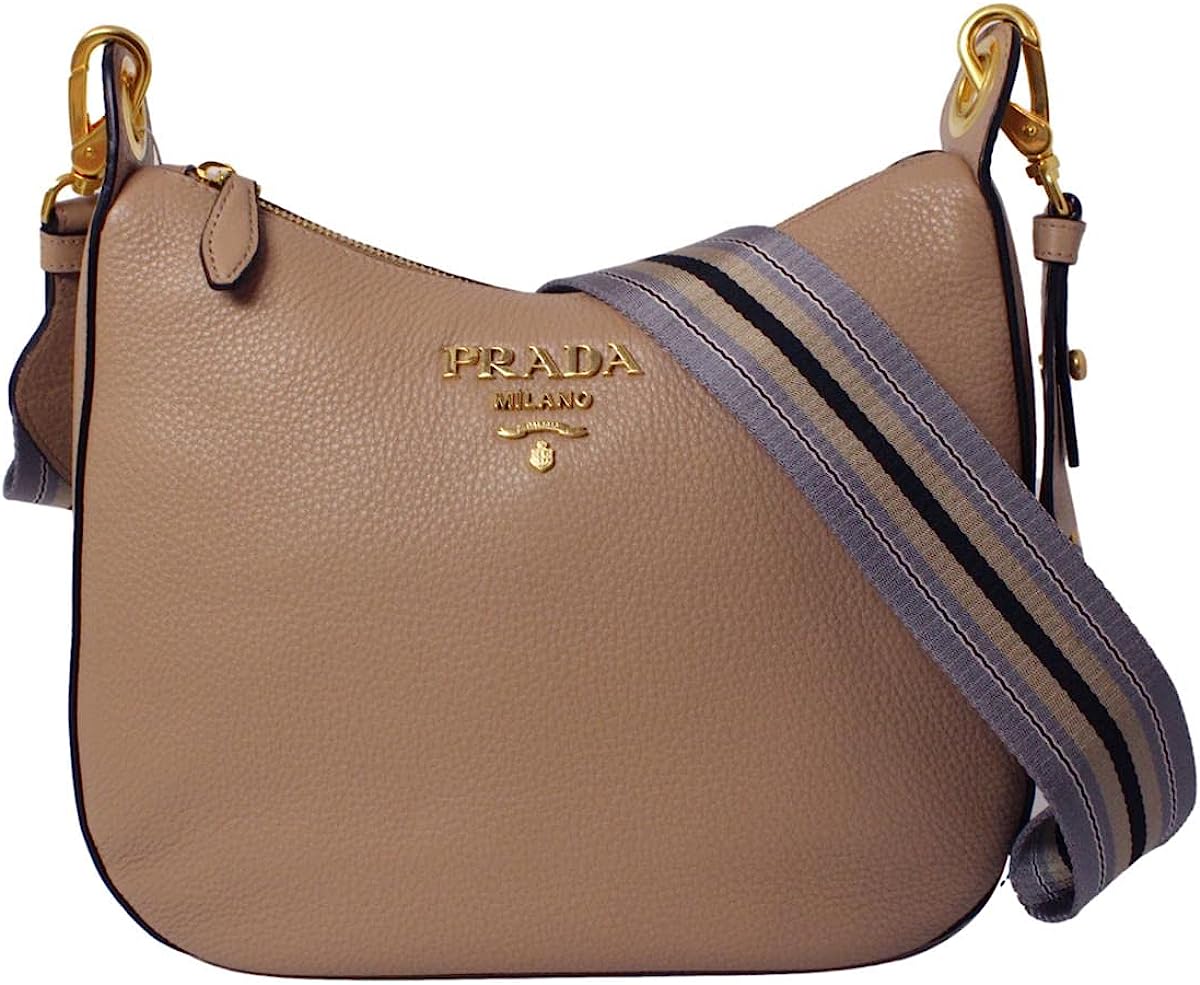 260106101937263_1 Prada Vitello Daino Tan Leather Shoulder Handbag with Silver and Blue Nylon Web Striped Strap 1BC052 - Image 1