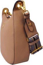 Prada Vitello Daino Tan Leather Shoulder Handbag with Silver and Blue Nylon Web Striped Strap 1BC052 - Image 2