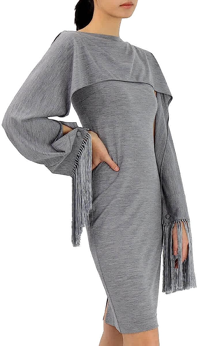 260411224507452_1 BURBERRY Cloud Grey Merino Wool Sleeveless Dress with Fringed Capelet, Brand Size 6 (US Size 4) - Image 1