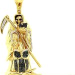 10K Yellow Gold Diamond Santa Muerte Grim Reaper Pendant For Men and Women | 2.9 x 0.9 inch Round Cut Real White Diamond Holy Death Santa Muerte Mens Pendant 0.20 CT | Unisex Custom Jewelry Gift for Him