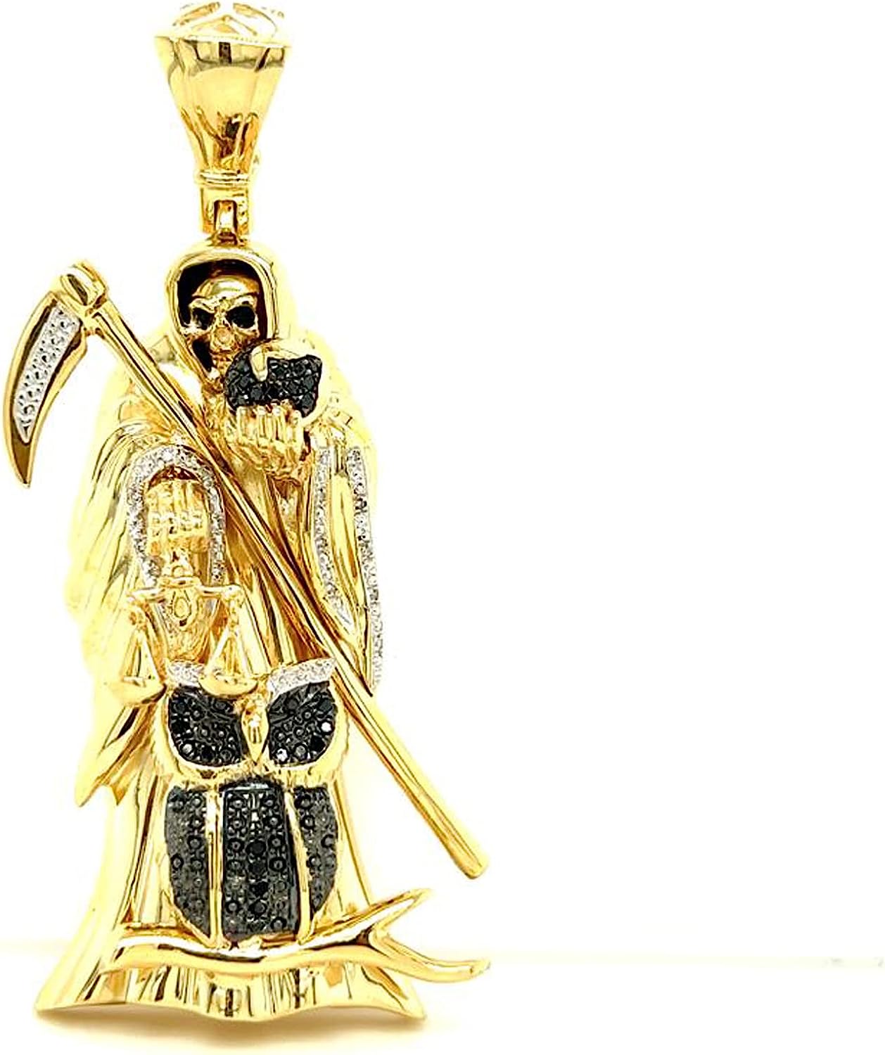 251024104955875_1 10K Yellow Gold Diamond Santa Muerte Grim Reaper Pendant For Men and Women | 2.9 x 0.9 inch Round Cut Real White Diamond Holy Death Santa Muerte Mens Pendant 0.20 CT | Unisex Custom Jewelry Gift for Him - Image 1