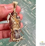 10K Yellow Gold Diamond Santa Muerte Grim Reaper Pendant For Men and Women | 2.9 x 0.9 inch Round Cut Real White Diamond Holy Death Santa Muerte Mens Pendant 0.20 CT | Unisex Custom Jewelry Gift for Him - Image 2