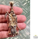 10K Yellow Gold Diamond Santa Muerte Grim Reaper Pendant For Men and Women | 2.9 x 0.9 inch Round Cut Real White Diamond Holy Death Santa Muerte Mens Pendant 0.20 CT | Unisex Custom Jewelry Gift for Him - Image 3