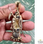 10K Yellow Gold Diamond Santa Muerte Grim Reaper Pendant For Men and Women | 2.9 x 0.9 inch Round Cut Real White Diamond Holy Death Santa Muerte Mens Pendant 0.20 CT | Unisex Custom Jewelry Gift for Him - Image 6