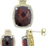 Silver City Jewelry 10K Yellow Gold Diamond Natural Garnet 8x6mm Earrings & 11x9mm Pendant Set Octagon Cushion