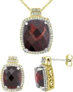 Silver City Jewelry 10K Yellow Gold Diamond Natural Garnet 8x6mm Earrings & 11x9mm Pendant Set Octagon Cushion