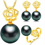 GOWE 18K Gold Rose Design Wedding Jewelry Set Tahitian/South sea Pearl Jewelry Set Pearl Pendant Earrings and Ring