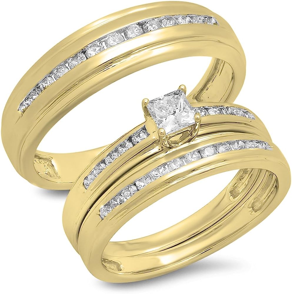 251228015852579_1 Dazzlingrock Collection Princess & Round White Diamond Square Frame Head Tapered Shank Elegant Wedding Trio Ring Set for Him & Her 7/8 CT (0.85 ctw, Color I-J, Clarity I2-I3) in 10K Gold - Image 1