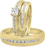 Dazzlingrock Collection Princess & Round White Diamond Square Frame Head Tapered Shank Elegant Wedding Trio Ring Set for Him & Her 7/8 CT (0.85 ctw, Color I-J, Clarity I2-I3) in 10K Gold - Image 2