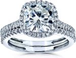 Kobelli Cushion Brilliant Moissanite Halo Bridal Wedding Rings Set 2 3/8 CTW 14k White Gold
