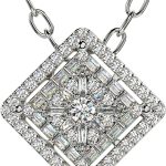 14K White Gold Diamond Pendant Necklace, 0.60 TCW Pave Setting Natural Elegant (SI2-I1, F, Very Good Cut) Round & Baguette Cut Diamonds, Width 5 mm, Height 12.10mm, Length 12.10mm, Jewelry For Women