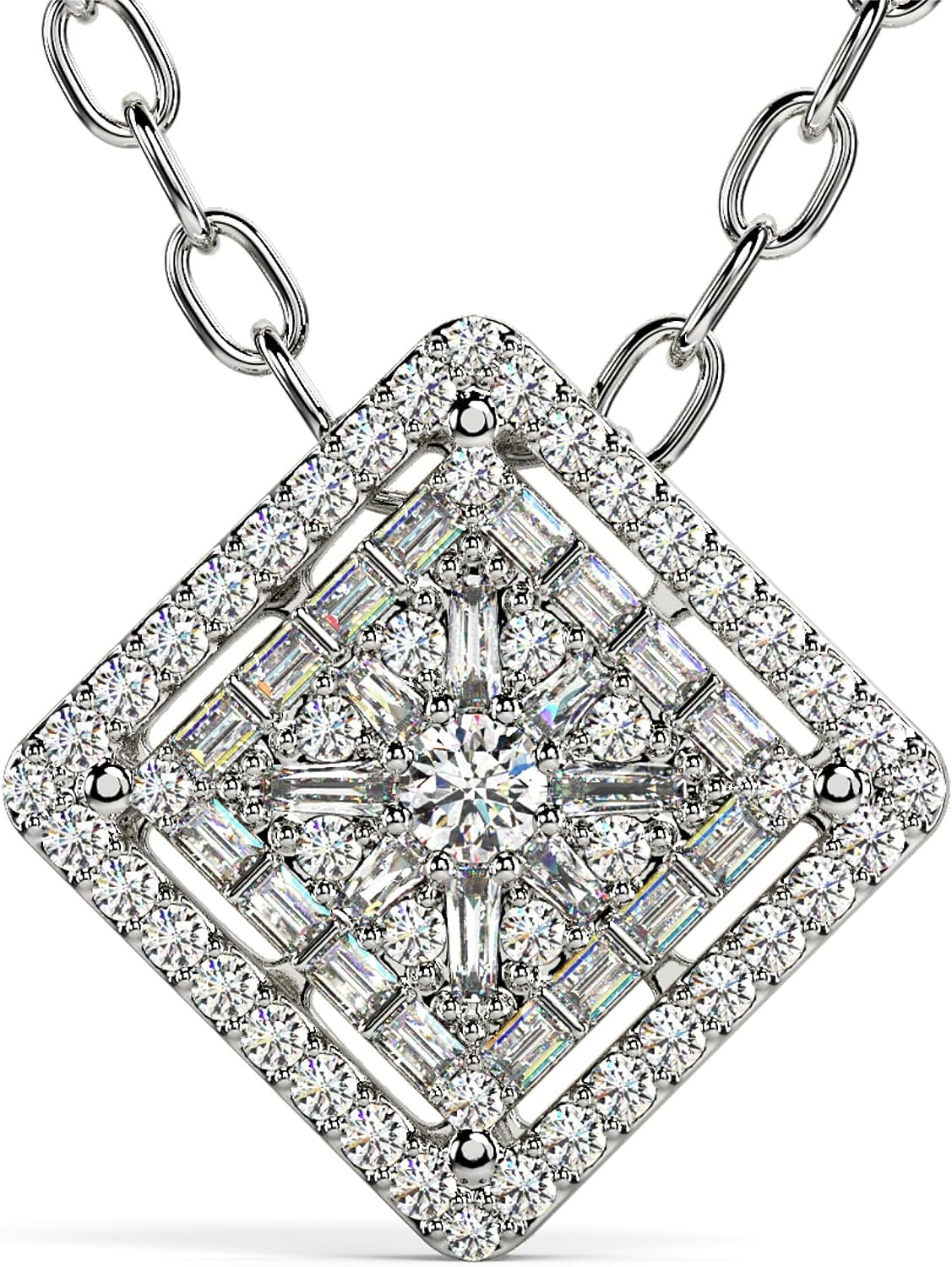 251228020111718_1 14K White Gold Diamond Pendant Necklace, 0.60 TCW Pave Setting Natural Elegant (SI2-I1, F, Very Good Cut) Round & Baguette Cut Diamonds, Width 5 mm, Height 12.10mm, Length 12.10mm, Jewelry For Women - Image 1