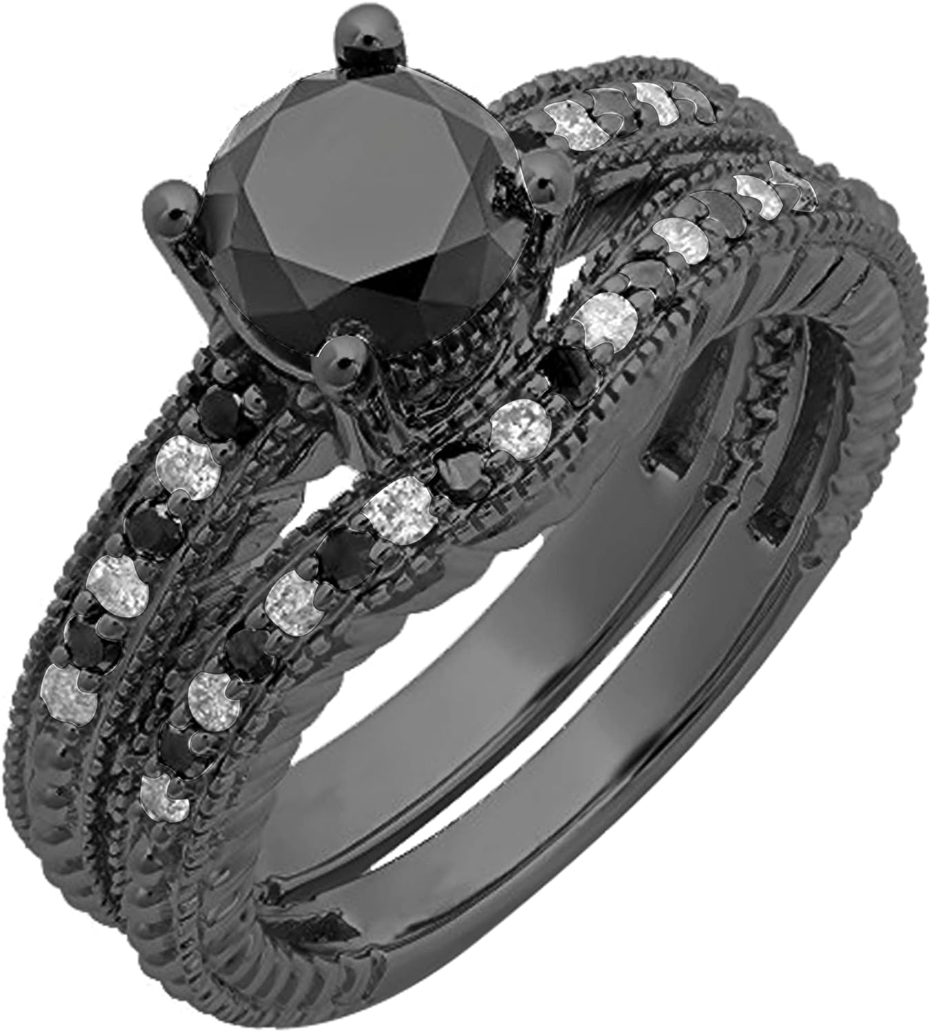 251228020114407_1 Dazzlingrock Collection 1.75 Carat (ctw) Round Black & White Diamond Bridal Engagement Ring Band Set for Her in Black Plated 10K White Gold - Image 1